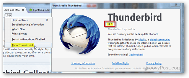 znajdź wersję Thunderbirda