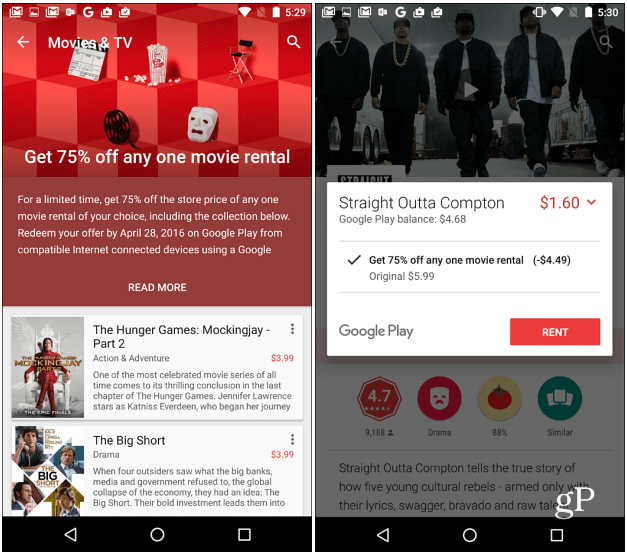 Filmy w Google Play oferują 75% zniżki na wypożyczenie dowolnego filmu