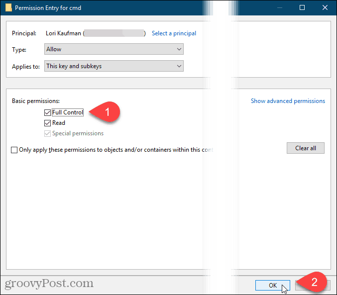 Zaznacz opcję Pełna kontrola i kliknij przycisk OK w oknie dialogowym Wpis uprawnień w rejestrze systemu Windows