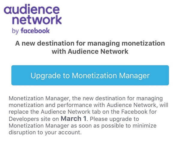 Facebook Monetization Manager zastąpi kartę Audience Network w witrynie Facebook for Developers od 1 marca.
