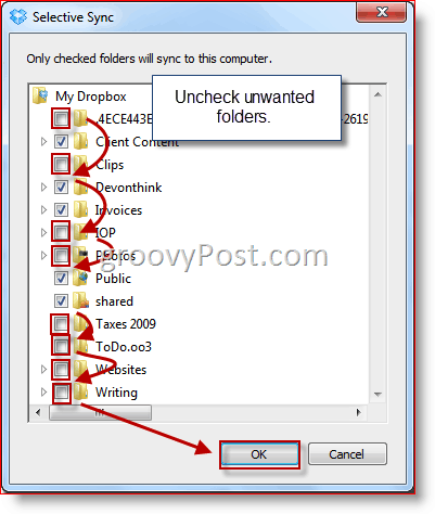 Wybór folderu Dropbox w Windows Selective Sync