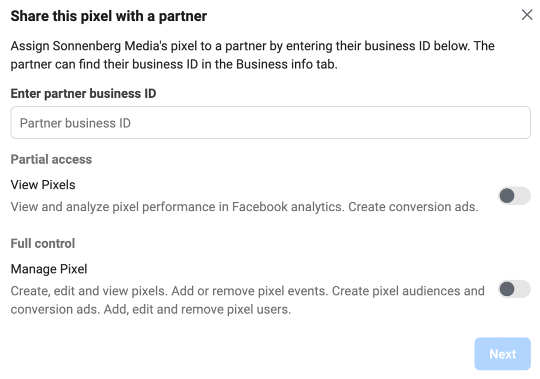 obraz ekranu „Udostępnij ten piksel z partnerem” w Meta Business Manager