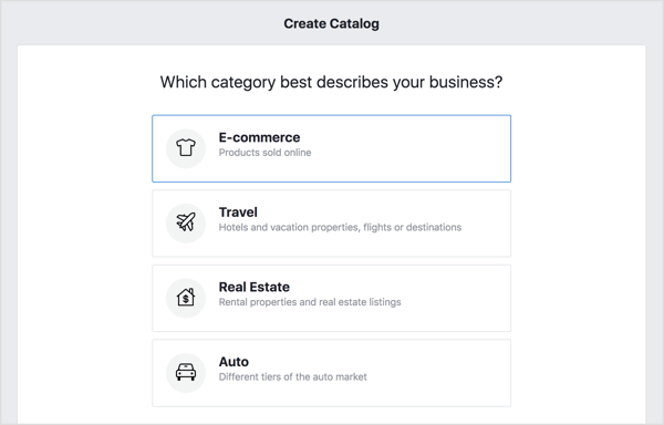 Aby utworzyć katalog na Facebooku, wybierz opcję E-Commerce i kliknij Dalej.