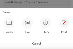 Przycisk YouTube Create Story.