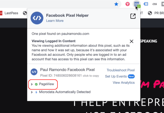 Facebook Pixel Helper pokazujący wydarzenie Wyświetlenie strony
