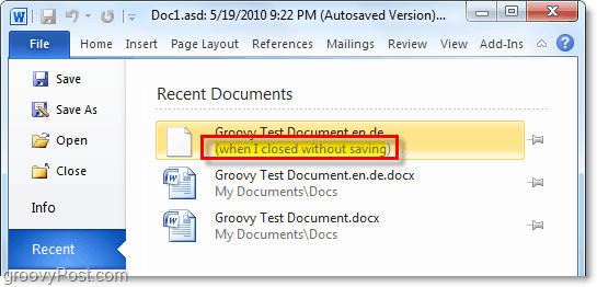 otwórz niedawno niezapisany dokument w pakiecie Office 2010