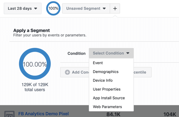 Opcje warunków dla segmentów w grupach źródeł zdarzeń w usłudze Facebook Analytics.