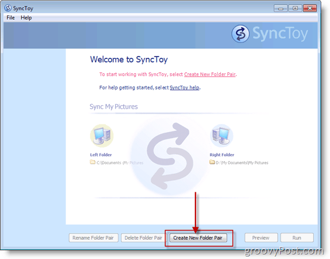 Microsoft SyncToy Utwórz nowy zrzut ekranu pary folderów