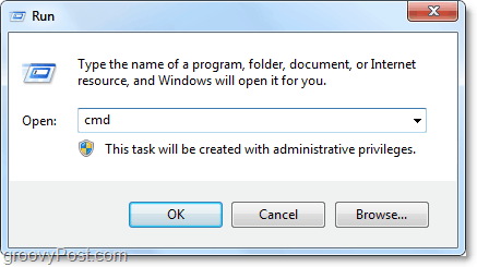 otwórz cmd w oknie dialogowym uruchamiania, aby automatycznie otworzyć go jako administrator