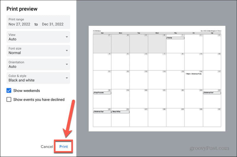 przycisk drukowania kalendarza google