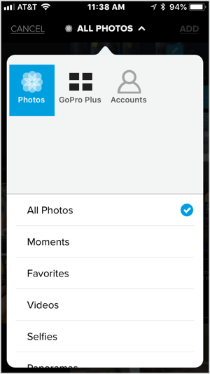 Stuknij ikonę + i wybierz wideo lub pięć lub więcej obrazów do zaimportowania do Quik.