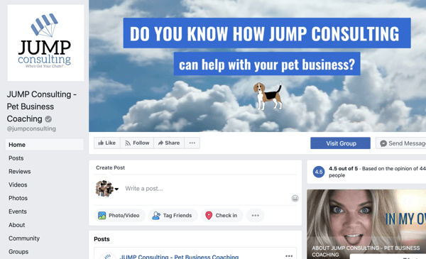 Jak korzystać z funkcji Grup dyskusyjnych na Facebooku, przykład strony na Facebooku dla JUMP Consulting