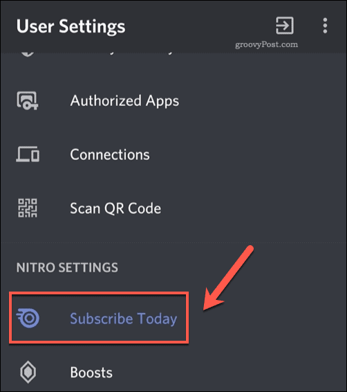 Opcja menu subskrypcji Discord Mobile Nitro
