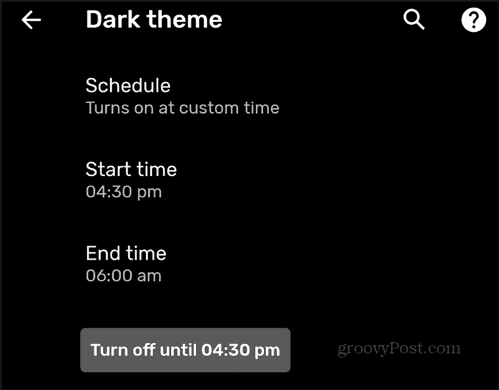 Ustawiono niestandardowy czas harmonogramu Dark Theme