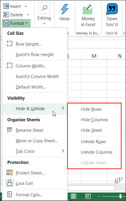 Ukryj wstążkę kolumny w programie Excel w systemie Windows