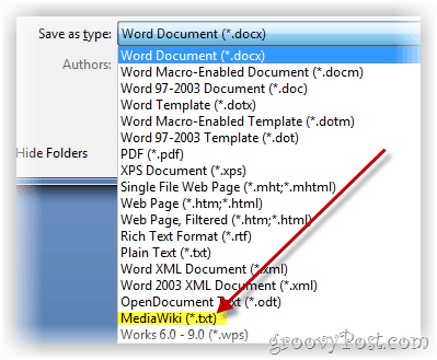 Zapisz dokument programu Word jako tekst sformatowany w mediawiki