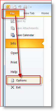 Plik programu Outlook 2010, menu Opcje