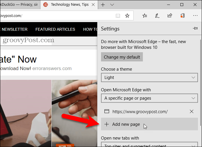 Kliknij Dodaj nową stronę w Edge