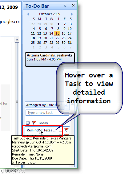 Pasek zadań programu Outlook 2007 - najedź kursorem na element, aby uzyskać więcej informacji