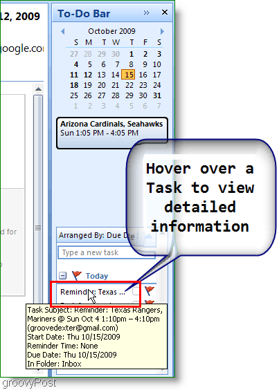 Pasek zadań do wykonania w programie Outlook 2007 — najedź kursorem na element, aby uzyskać więcej informacji