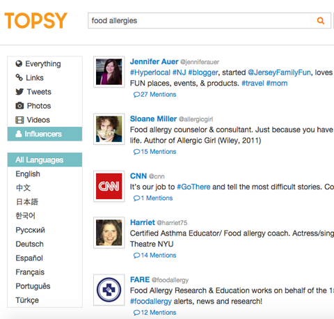 Topsy influencer search