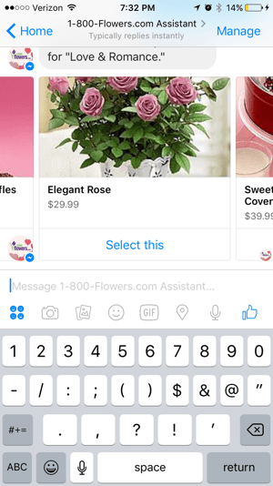 Klienci mogą łatwo przeglądać i wybierać produkty z chatbota 1-800-Flowers.