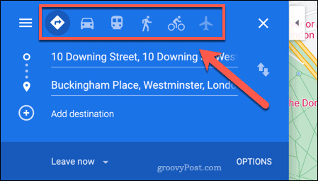 Opcje podróży w Mapach Google