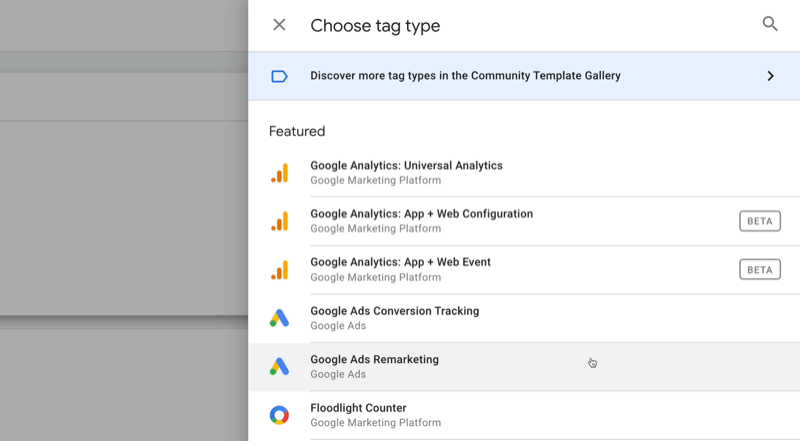 nowy tag menedżera tagów Google z opcjami menu wyboru typu tagu z kilkoma polecanymi, w tym Google analytics: uniwersalna analityka, Google Analytics: konfiguracja aplikacji + sieci, remarketing reklam Google, m. in inni