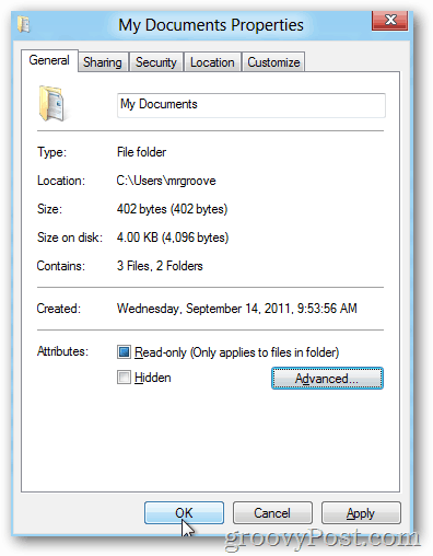 Zaawansowane właściwości systemu Windows 8 - OK, aby zapisać