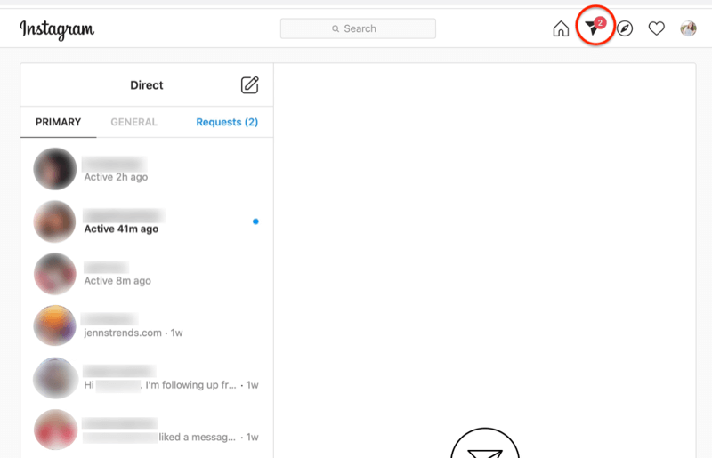 zrzut ekranu pulpitu nawigacyjnego wiadomości bezpośrednich na Instagramie z podświetloną ikoną papierowego samolotu