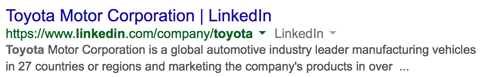 Strona firmy toyota linkedin w wynikach wyszukiwania Google