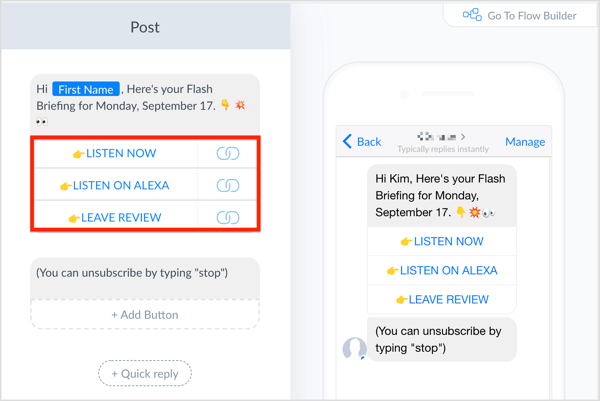 Utwórz wiadomość w ManyChat i dodaj przyciski.