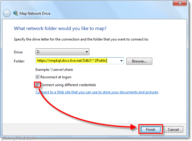 wklej w swoim systemie Windows adres URL skydrive na żywo do zamapowanego dysku sieciowego i sprawdź, czy używasz różnych danych logowania, a następnie kliknij przycisk Zakończ.