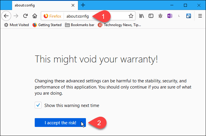Kliknij Akceptuję ryzyko na stronie about: config w Firefox