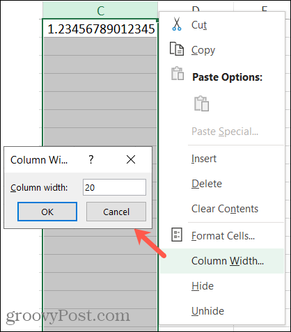 Zwiększ szerokość kolumny w programie Excel