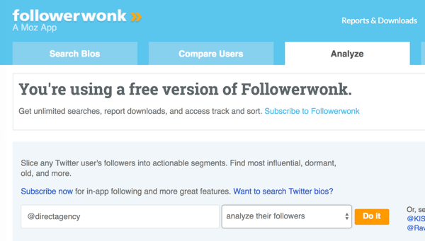 Wybierz konto na Twitterze, które chcesz przeanalizować za pomocą Followerwonk.