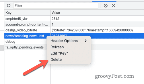 Usuń wartości kluczy pamięci lokalnej w narzędziach programistycznych Google Chrome