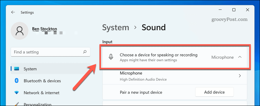 Wybór urządzenia wejściowego dźwięku w systemie Windows 11