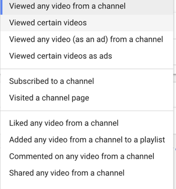Jak skonfigurować kampanię reklamową w YouTube, krok 27, ustawić konkretne działanie użytkownika w ramach remarketingu