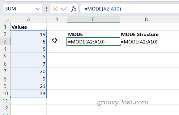 Przykładowa formuła TRYB w Excelu