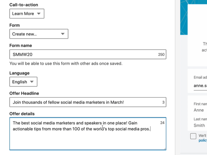 zrzut ekranu pól formularza generowania potencjalnych klientów LinkedIn wybranych dla reklamy LinkedIn