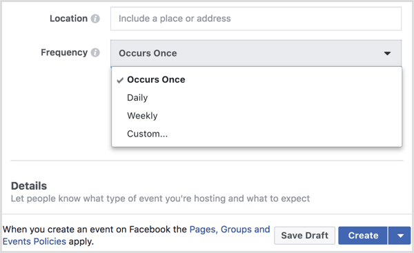 wybierz interwał z menu Częstotliwość, aby utworzyć wydarzenie cykliczne ze stroną na Facebooku