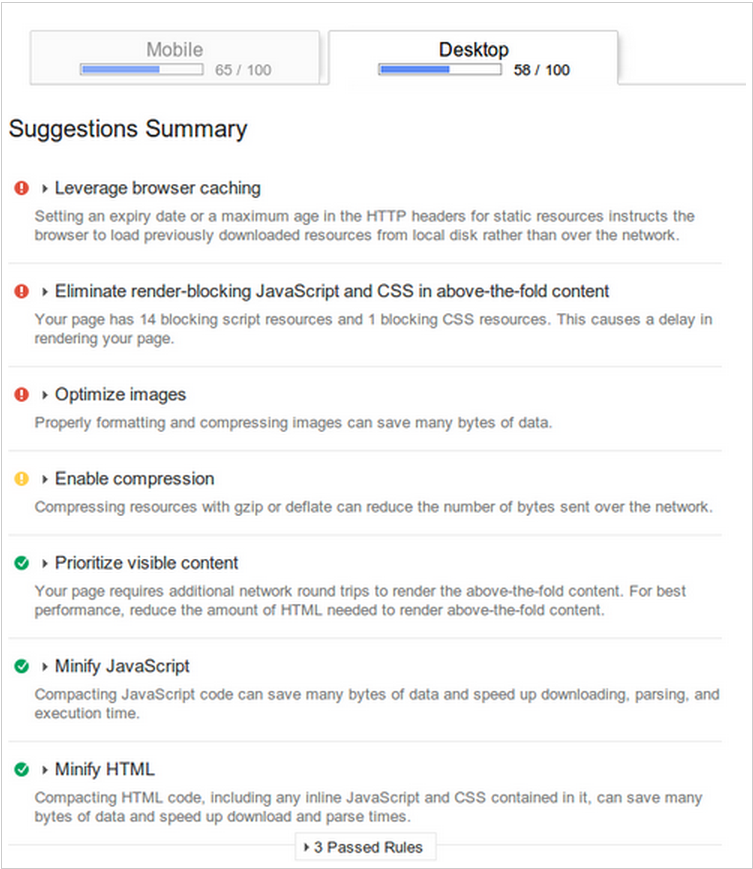 raport sugestii dotyczących szybkości Google Analytics