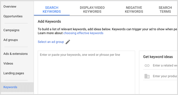 Google Adwords dodaje słowa kluczowe do grupy reklam