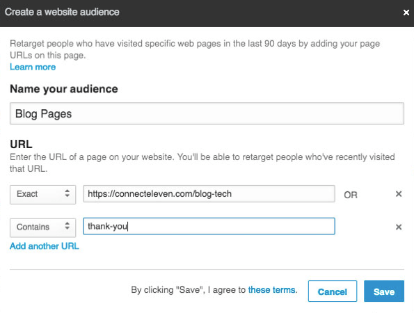 Możesz dodać wiele adresów URL do ponownego kierowania za pomocą dopasowanych odbiorców LinkedIn.