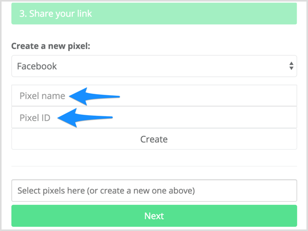 Wprowadź nazwę i identyfikator piksela w Meteor.link.