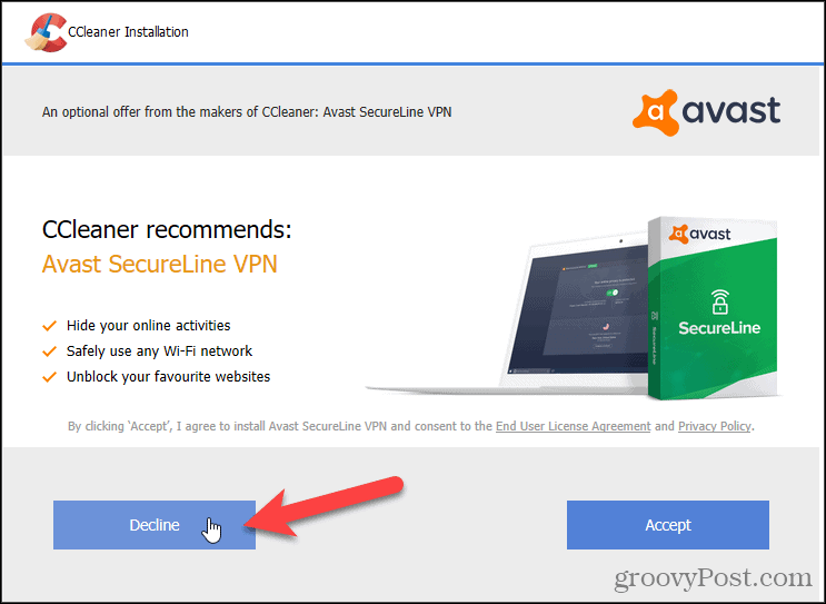 Odrzuć Avast VPN w CCleaner