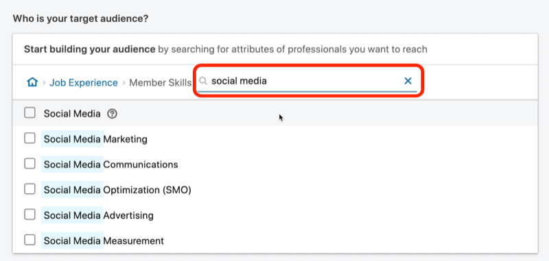 zrzut ekranu wyników wyszukiwania dla umiejętności członków „mediów społecznościowych” na LinkedIn
