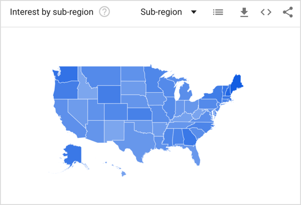 Trendy Google pokazują, gdzie Twoje słowo kluczowe było najczęściej wyszukiwane.