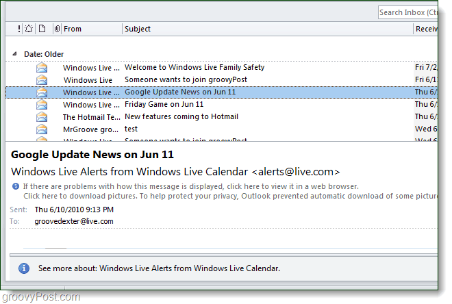 zrzut ekranu podglądu widoku programu Outlook 2010